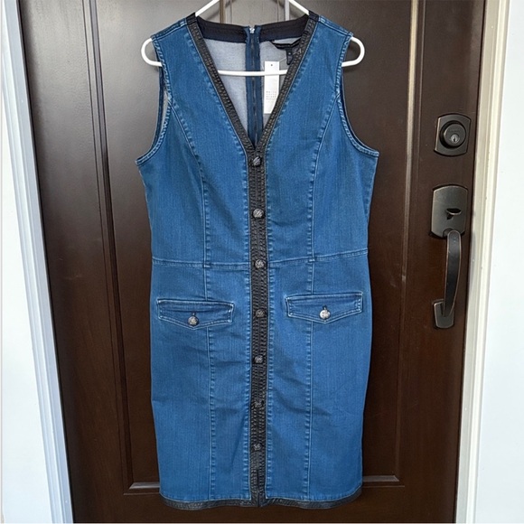 NWT White House Black Market Faux Leather Trimmed Stretch Denim Dress Size 14 - Picture 4 of 13